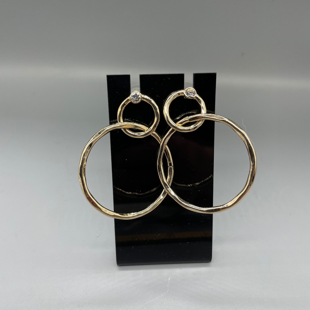 Gold Tone Double Hoop Hammered Drop Earrings Rhinestone Accent Post Back